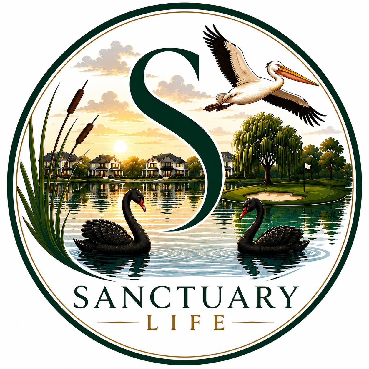 Sanctuary Life circular logo: a stylised green S with black swans, a pelican, lakeside homes, a willow tree and reeds at sunset