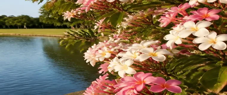 White frangipani blossoms flowering beside the Sanctuary Lakes waterfront, with palms and lakeside homes behind